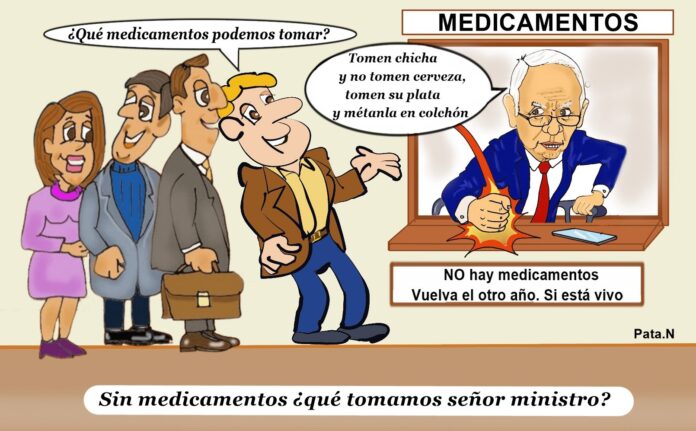 Caricatura del fin de semana- realizada por el periodista Norberto Patarroyo L. -Ante la falta de medicamentos el Ministro de Salud sugiere tomar chicha y no cerveza.
