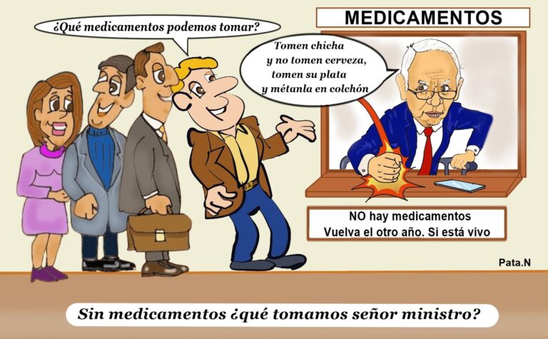 Caricatura del fin de semana- realizada por el periodista Norberto Patarroyo L. -Ante la falta de medicamentos el Ministro de Salud sugiere tomar chicha y no cerveza.