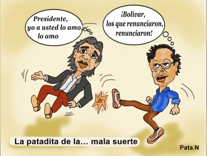 La caricatura de hoy - La patadita de la mala… suerte. De Petro a Bolívar. Realizada por el periodista y caricaturista Norberto Patarroyo L.
