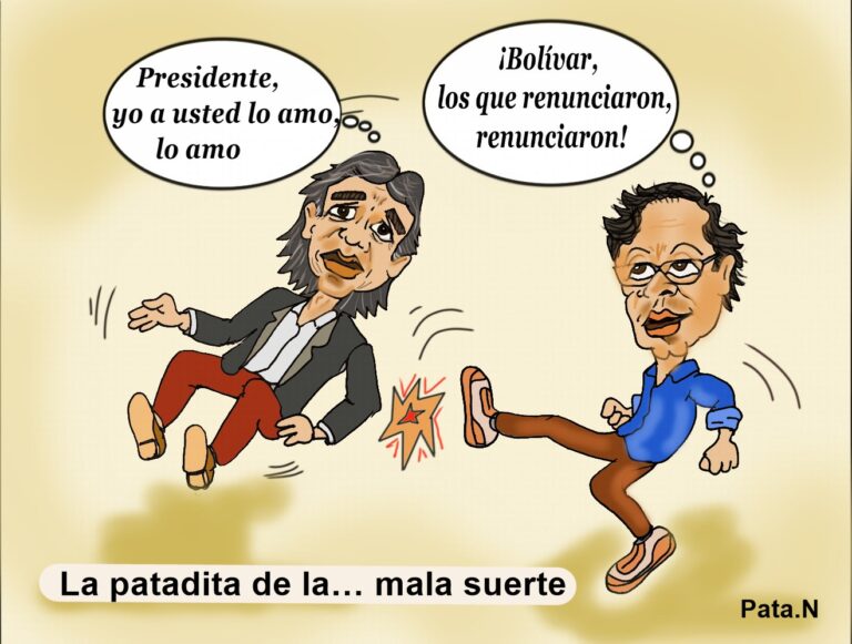 La caricatura de hoy - La patadita de la mala… suerte. De Petro a Bolívar. Realizada por el periodista y caricaturista Norberto Patarroyo L.