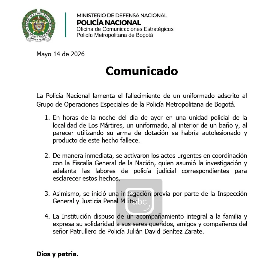 muerte del patrullero Benítez: Comunicado oficial Policia Nacional
