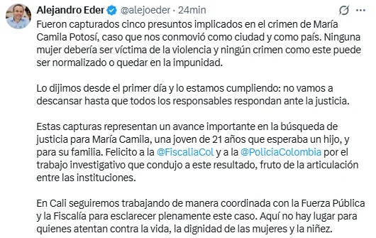 Capturas por el crimen: El alcalde de Cali Alejandro Eder confirmó las capturas la mañana del miércoles 30 de julio de 2026 vía X - crédito @alejoeder/X