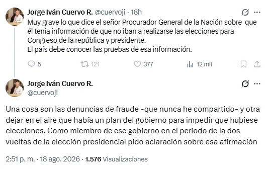 elecciones en riesgo: El exministro de Justicia Jorge Iván Cuervo reaccionó a las declaraciones de Gregorio Eljach sobre las elecciones y pidió aclaraciones. La declaración fue difundida a través de su cuenta de X, @cuervoji.