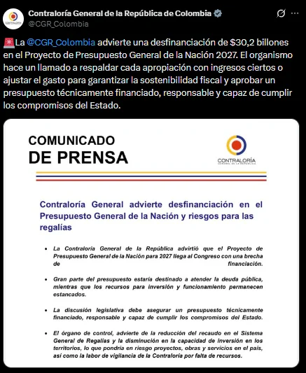 presupuesto desfinanciado 2027: @CGR_Colombia